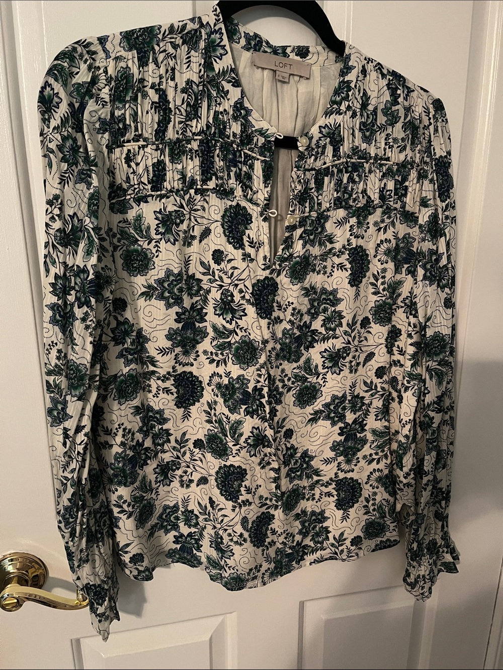 LOFT Cream Blouse with Green and Navy Floral Print